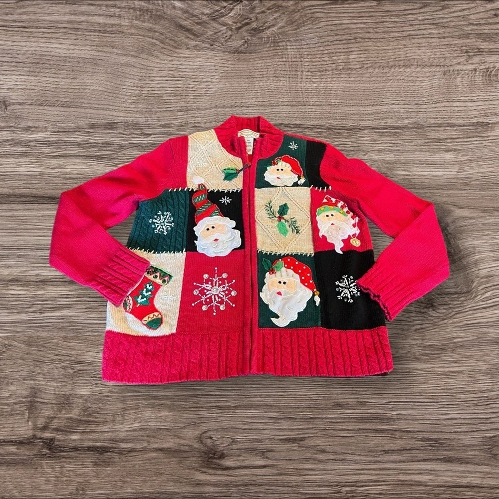 Tiara International Women’s Christmas Zippered Sweater Cardigan Santa Petite M